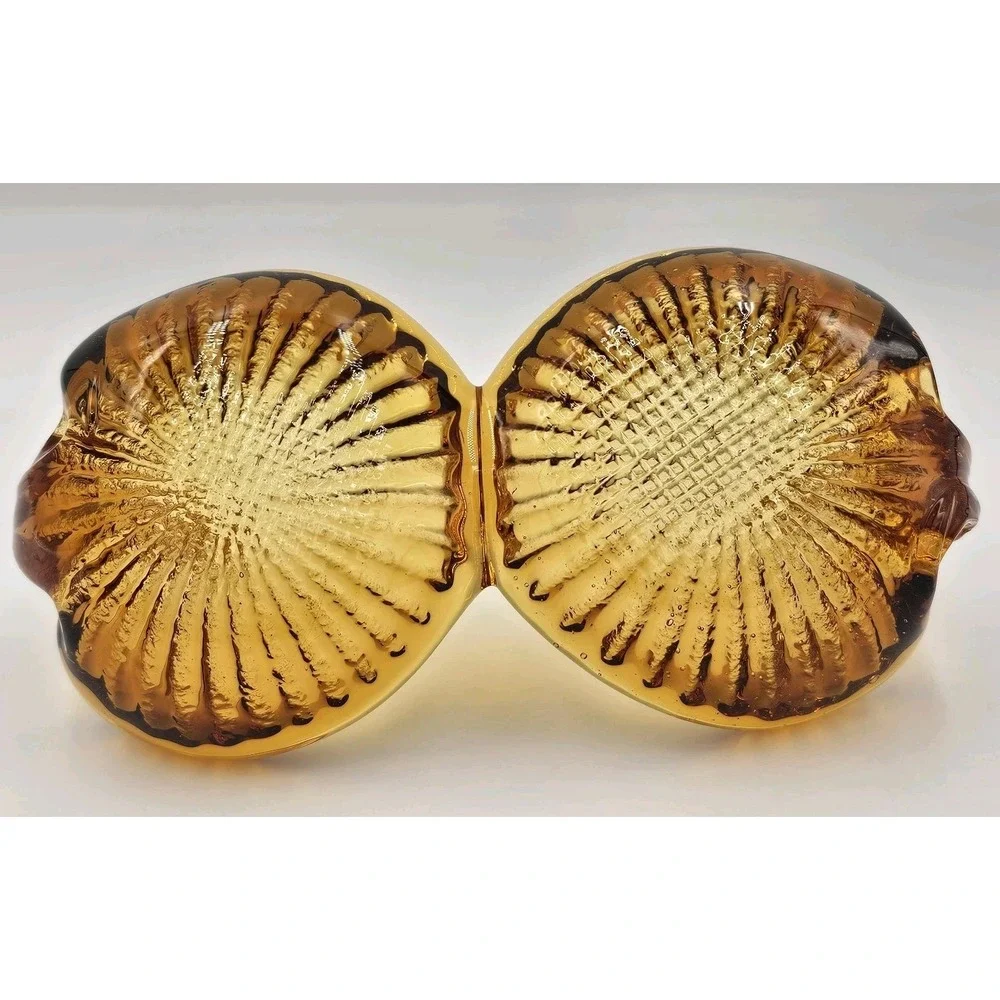 Amber Art Glass Double Bowl Swan Handle Murano Style Mid Century Decorative Dish
